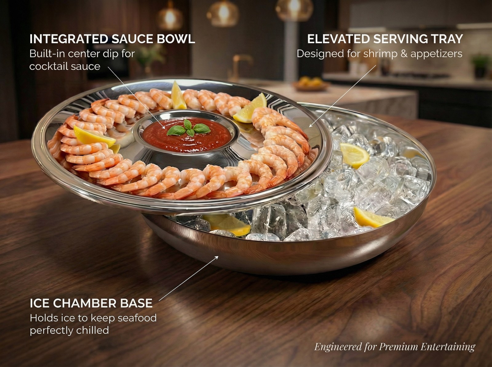 The AAF-01 Classic in use: elevated serving tray, recessed centre well for sauce, ice chamber below